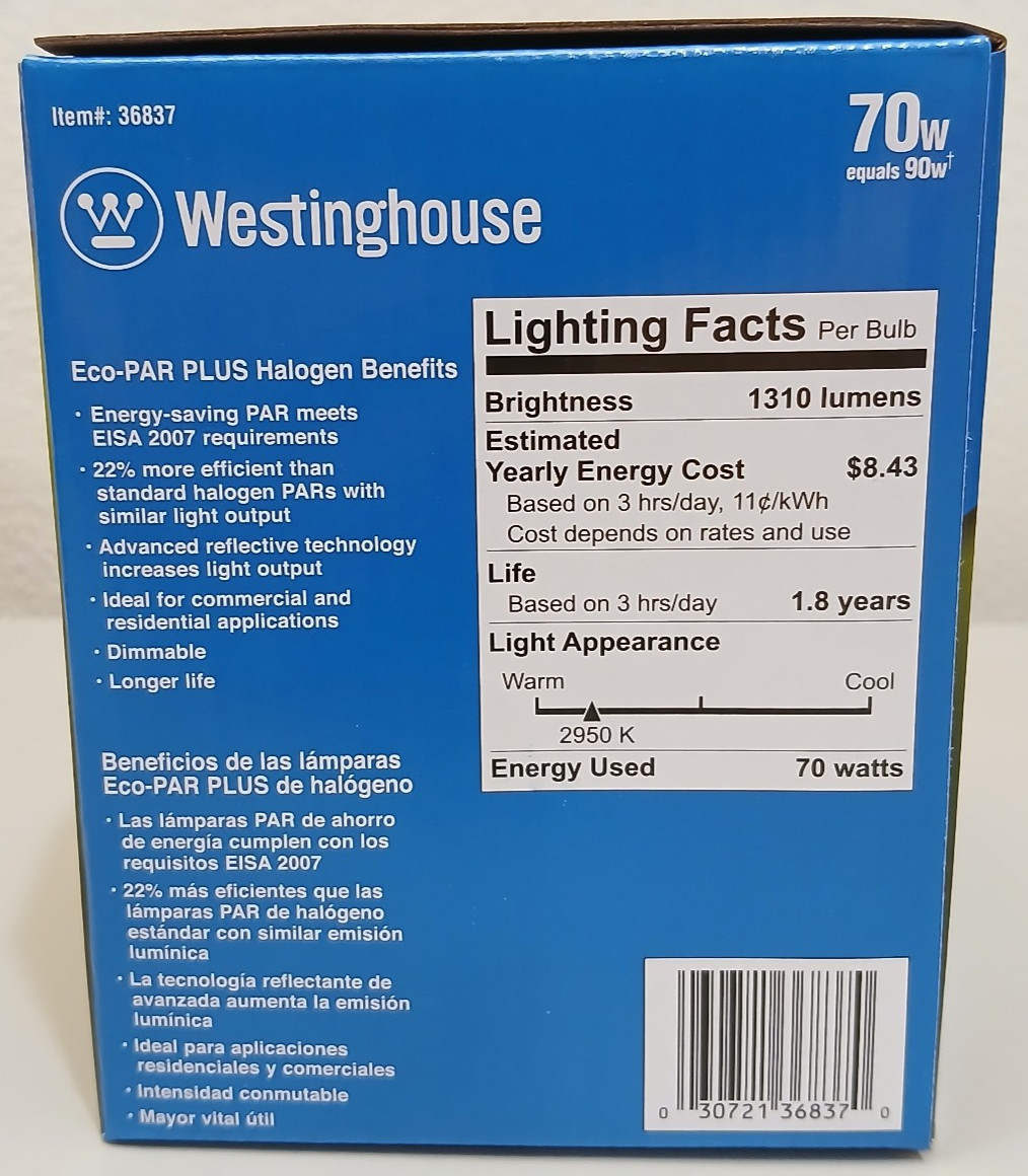WESTINGHOUSE 70W ECO-PAR PLUS PAR38 FLOOD MEDIUM BASE 2950K 36837 gallery