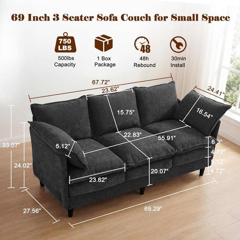 3 Seater Couch Sofa, 69" Small Couch Modern Cozy Comfy Cloud Chenille Sofa 23... gallery