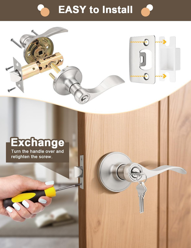 5 Pack Keyed Entry Lever with Same Key, Satin Nickel Wave Door Handle Set, Exter gallery