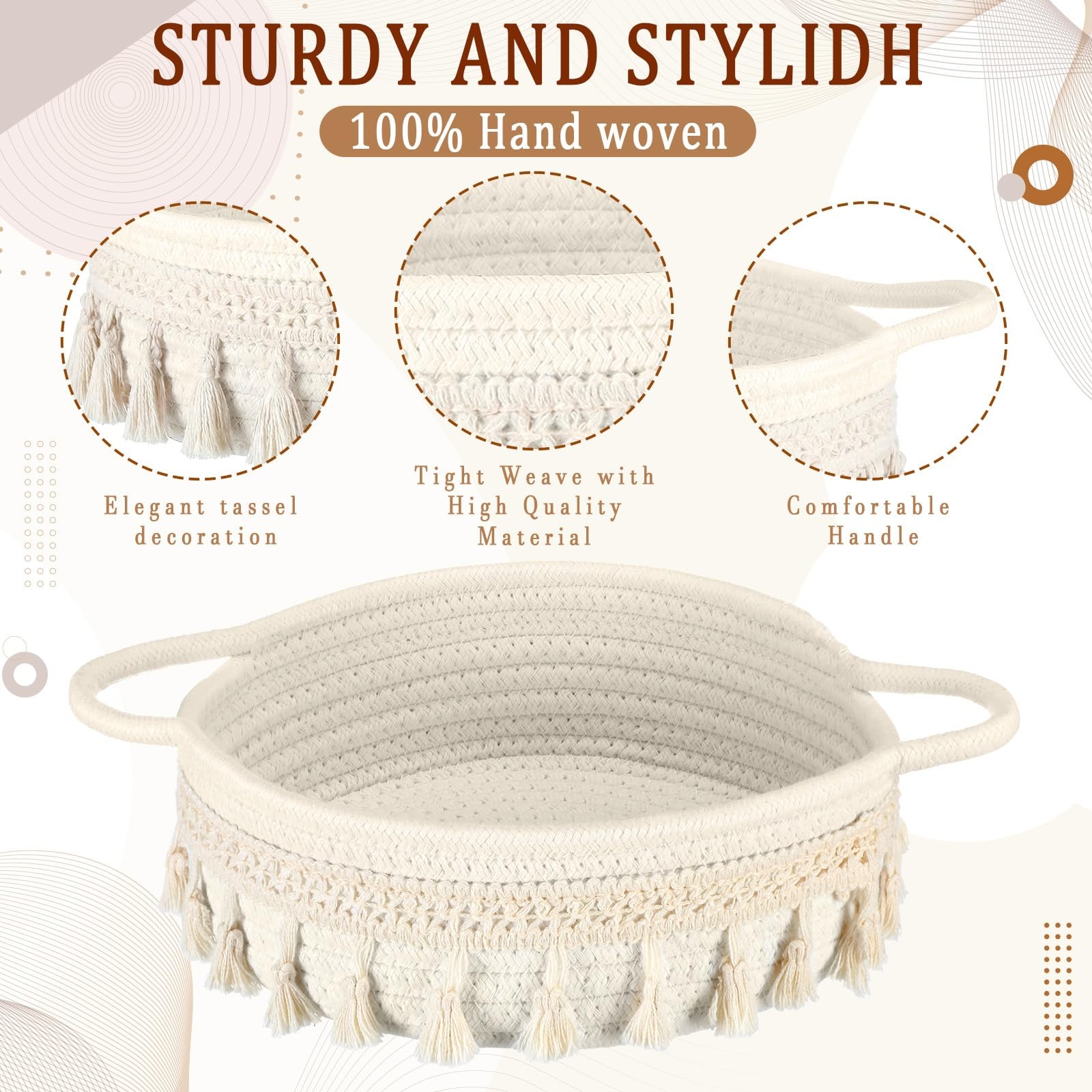 3 Pcs Round Hand Woven Storage Basket with Handle Multi-size Cotton Rope Smal... gallery