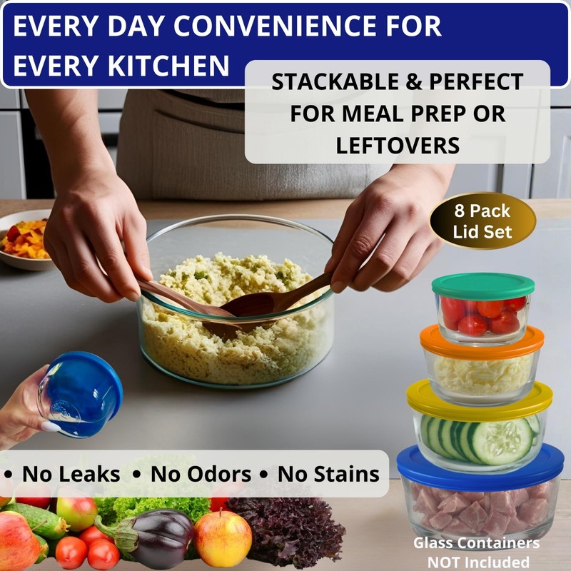 Replacement Lids for Pyrex & Anchor Hocking Bowls - 8 Pack, 1-7 Cup, Colorful Co gallery