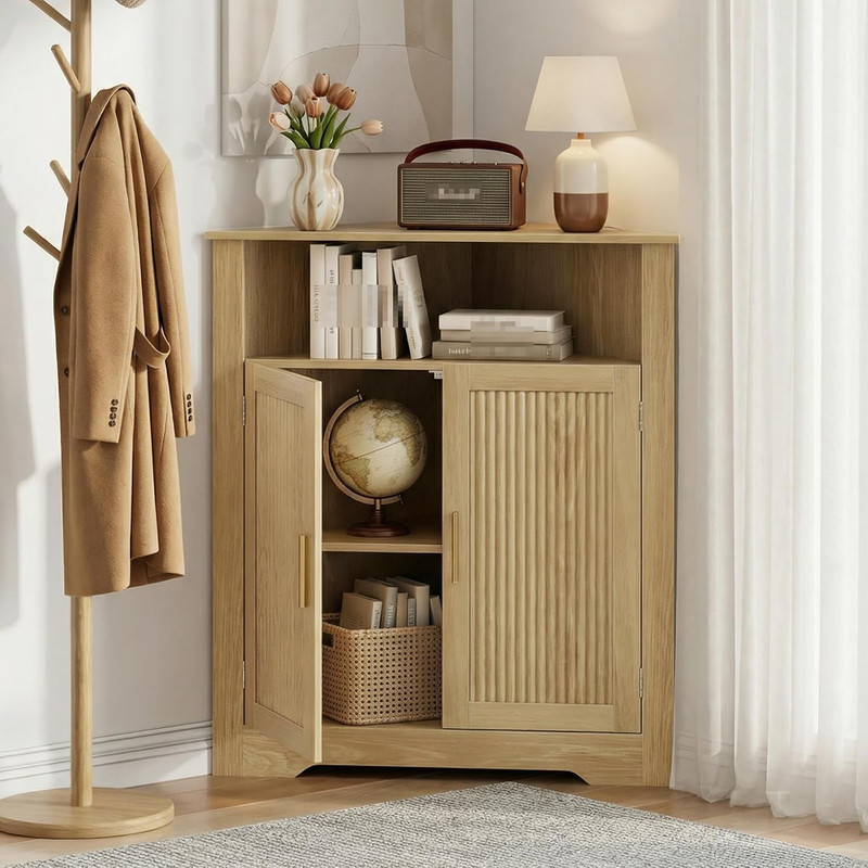 Bathroom Storage Cabinet,Fluted Corner Cabinet with Adjustable Shelves, Wooden C gallery