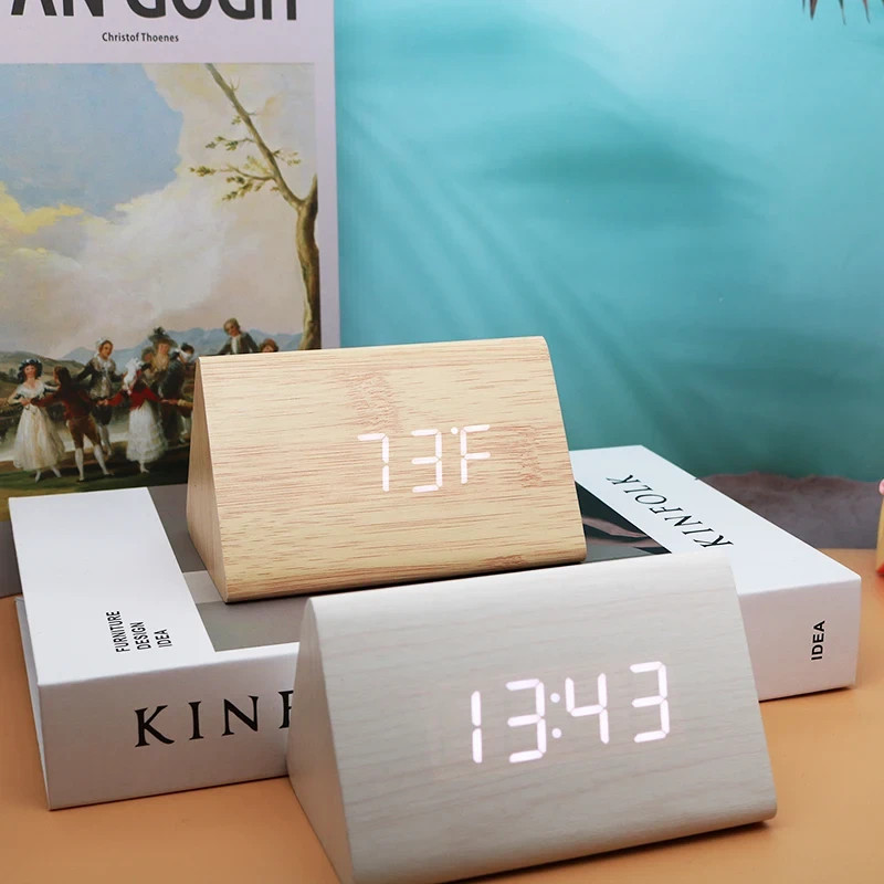 Wooden Digital Alarm Clock LED Time Temperature Display Bamboo Desk Clock gallery