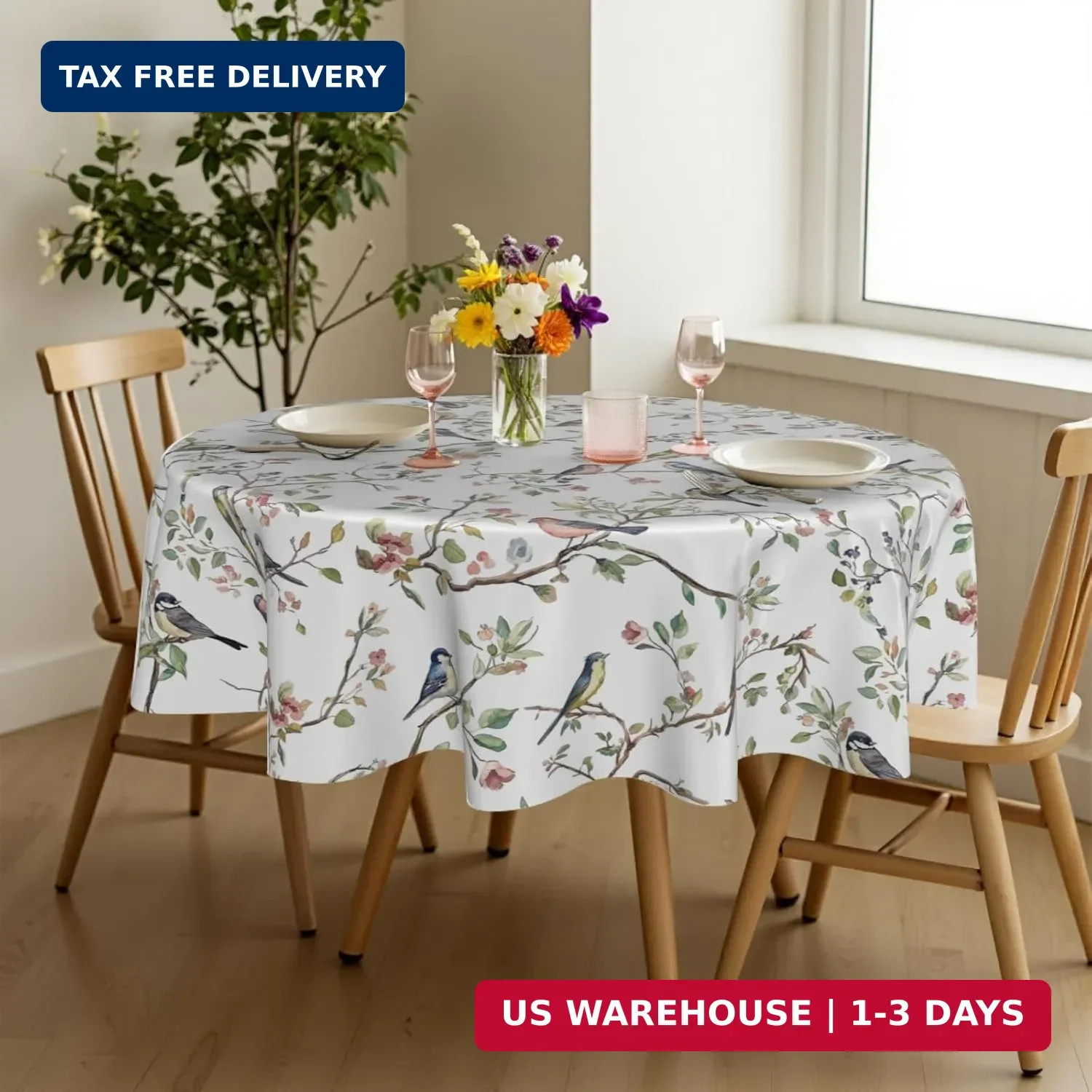 Spring Round Tablecloth 70 Inch, Watercolor Floral Birds Summer Farmhouse Washab gallery