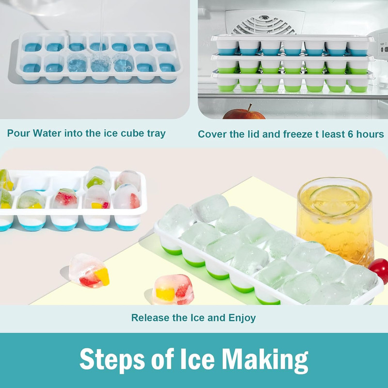 3 Pack Ice Cube Trays w/ Lids Silicone Bottom Easy Release Stackable gallery