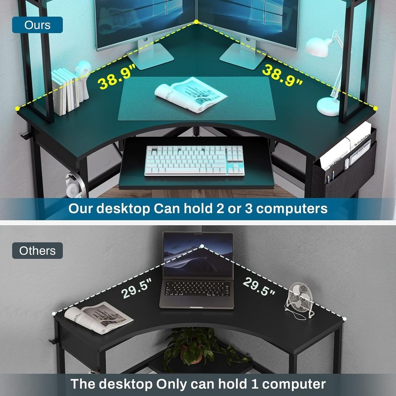 Triangle Corner Computer Desk with Keyboard Tray Home Office Desk w/ LED Lights gallery
