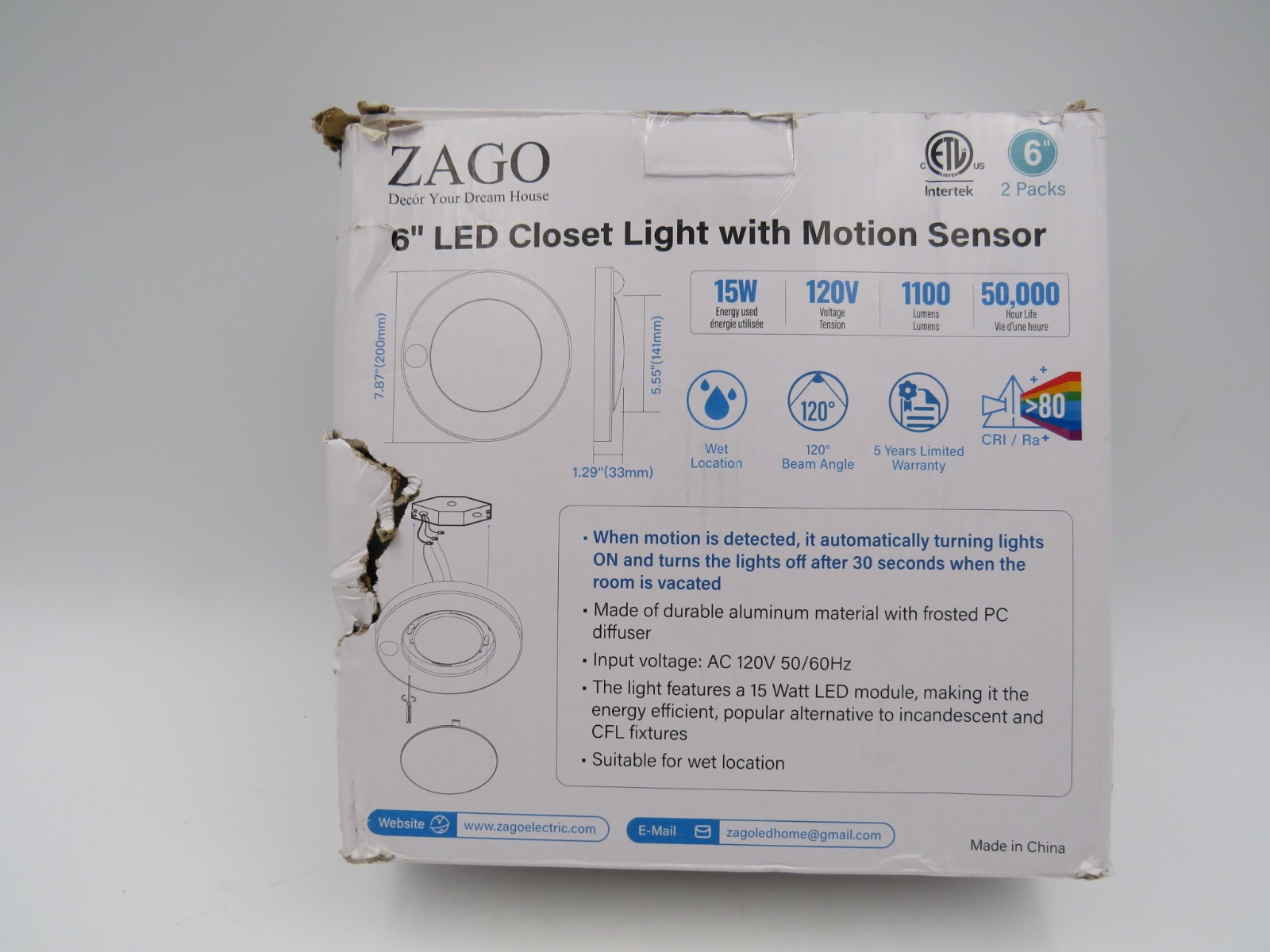 ZAGO LED 6" 120 Volts Closet Light Wired PIR Motion Sensor Ceiling Disc Light gallery