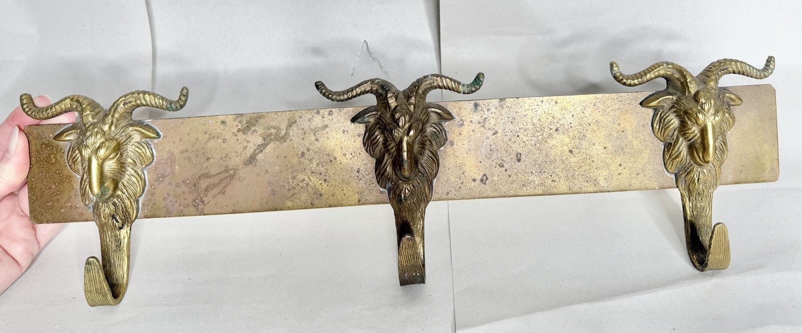 Mid Century Solid Brass Sculptural Goat Ram Head 3 Hook Wall Mount Coat Rack gallery