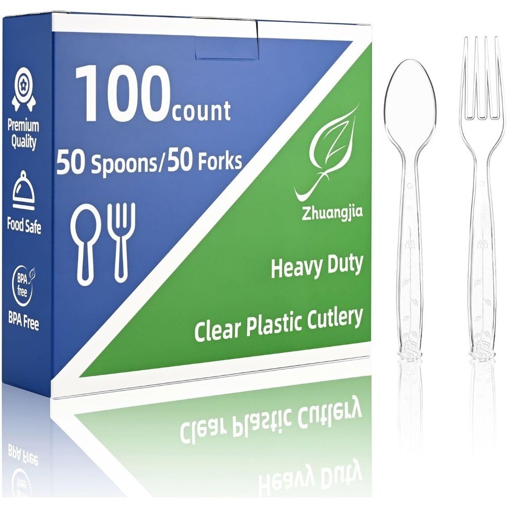 100 Pcs Heavy Duty Disposable Plastic Cutlery Set, 50 Forks & 50 Spoons, gallery