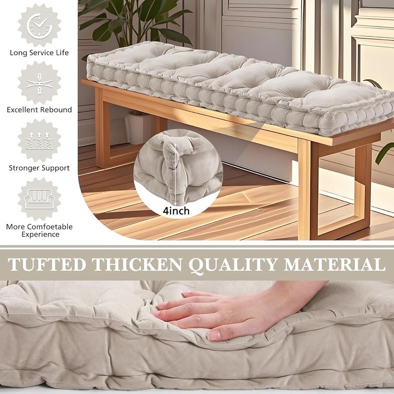Bench Cushion Tufted Velvet Memory Foam Seating Pad Indoor Outdoor Comfort New gallery
