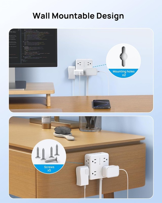 TROND 360° Rotating Flat Plug Power Strip, 5FT Extension Cord , White gallery