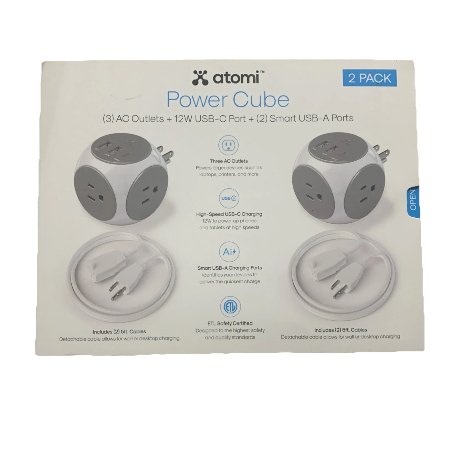 Atomi Power Cube 2-Pack � 3AC Outlets + 3 Smart USB Ports(2 USB-A & 1 USB-C) + gallery