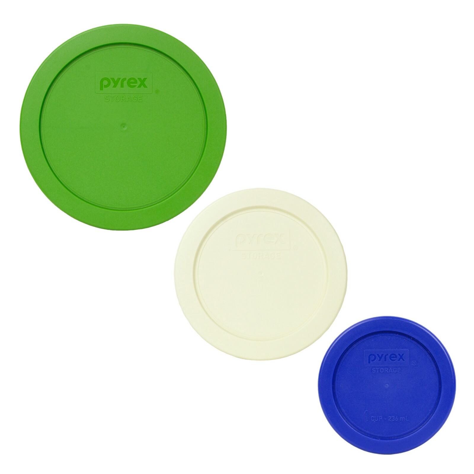 Pyrex 7201-PC Lawn Green, 7200-PC Sour Cream, and 7202-PC Cadet Blue Lid Covers gallery
