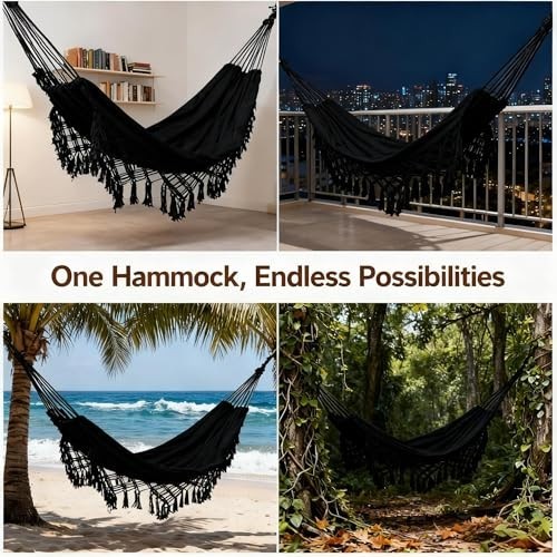 Double Hammock Macrame Boho Cotton with Hanging Ropes 485LBS Capacity Camping gallery