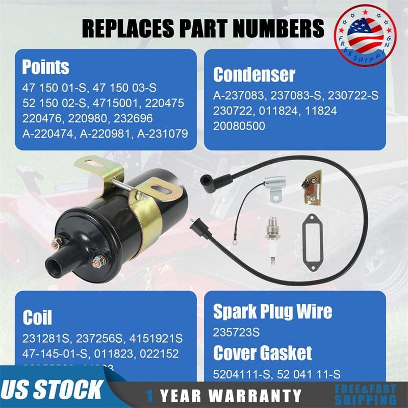 Coil,Condenser, OEM Points, Spark Plug Wire For Kohler K241 K301 K141 K161 K181 gallery