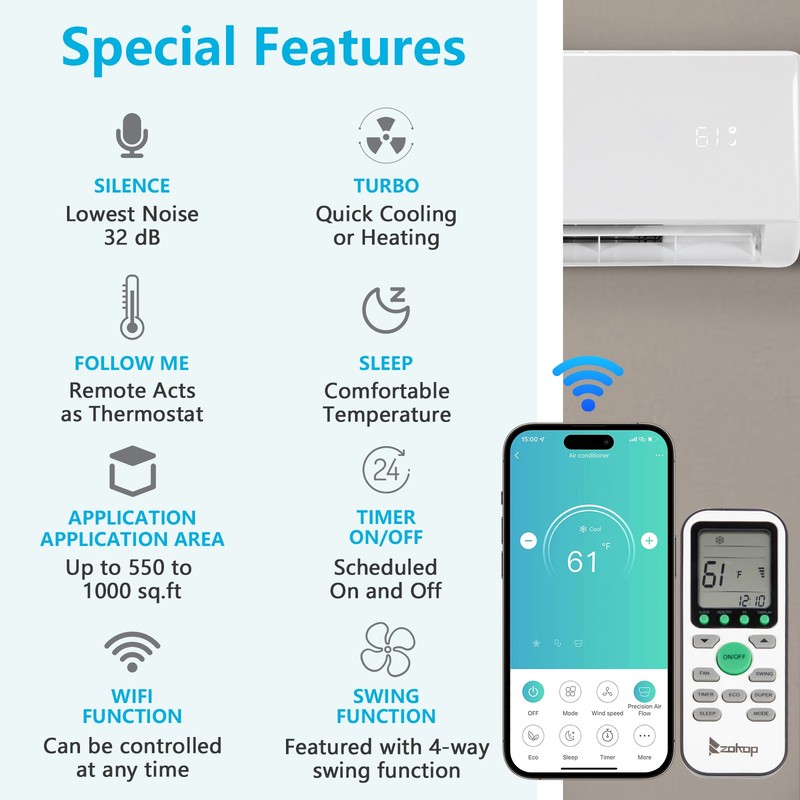 17000BTU Air Conditioner Mini Split AC Ductless HEAT PUMP WIFI 17SEER 1000 sq.ft gallery