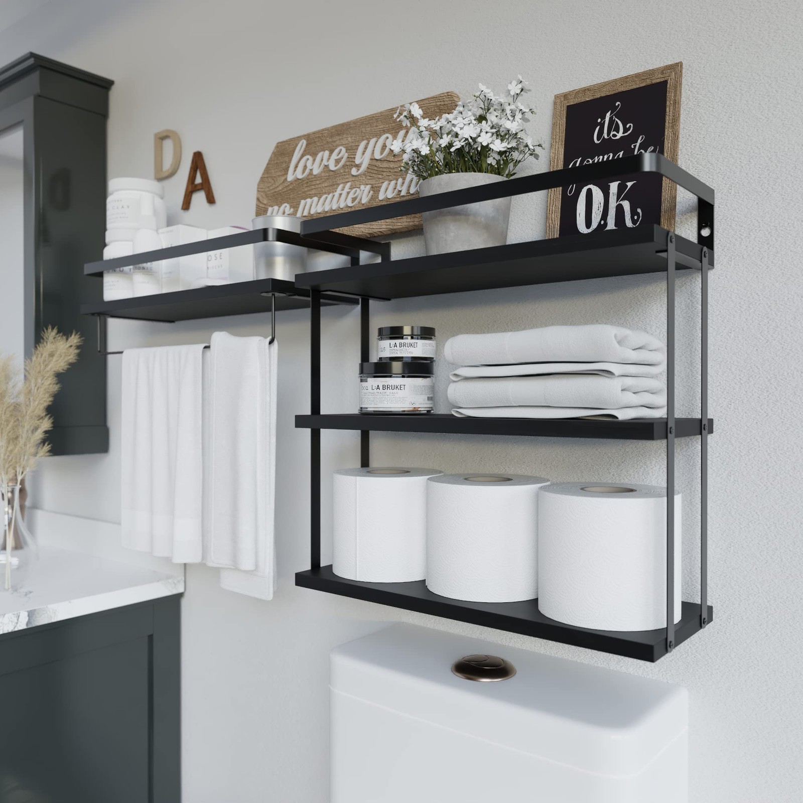 3+1 Tier Wall Mounted Rustic Wood Floating Shelves Metal Frame Black 2 PCS gallery