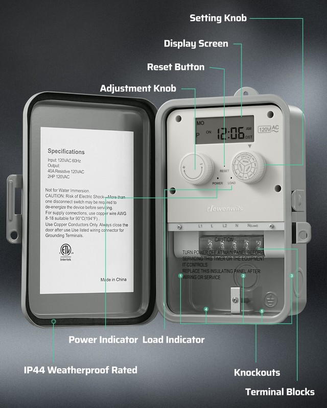 DEWENWILS Pool Timer, Outdoor Digital Timer Box, 2HP 40A 120VAC, 7-Day 12 ON/Off gallery