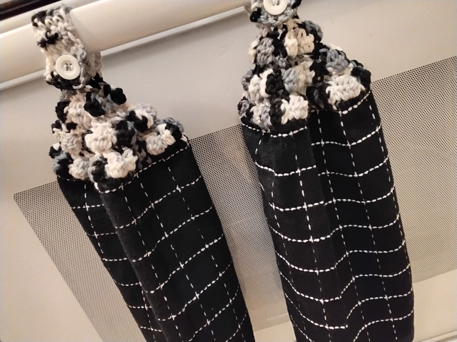 Black White 2 Hanging Kitchen Dish Towel Set Crochet Tops Handmade gallery