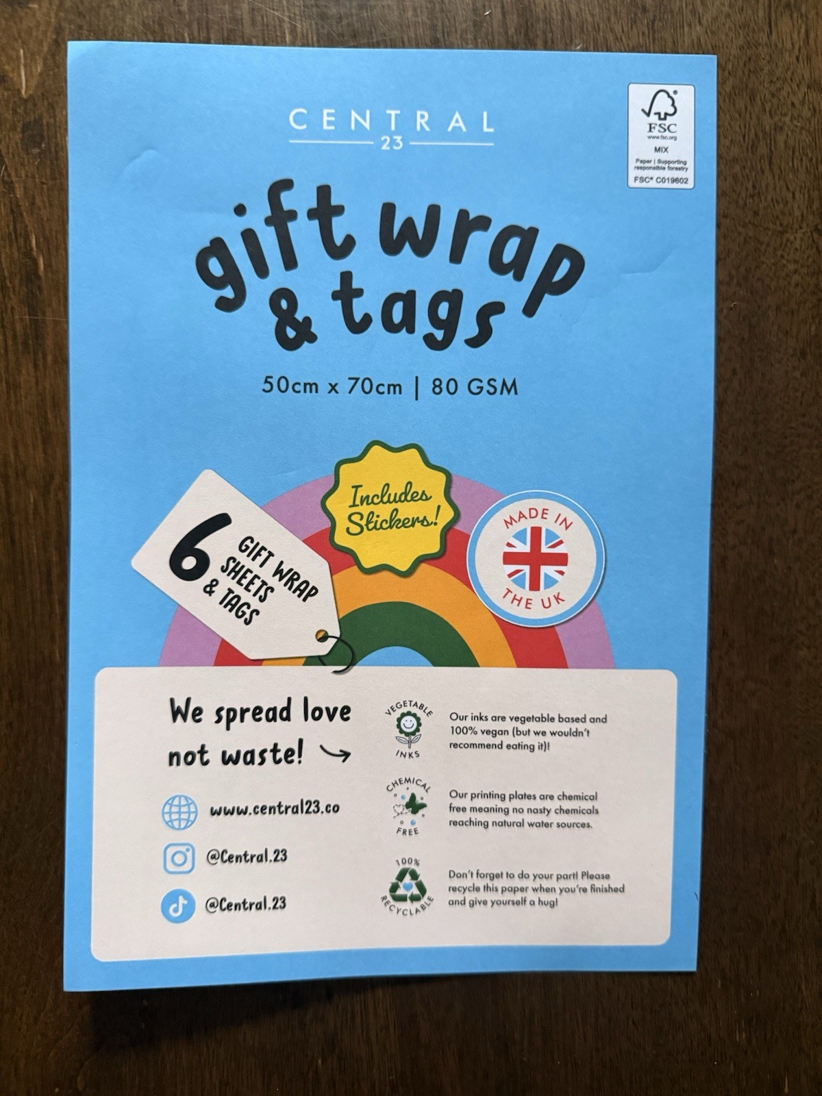 Central 23 Gift Wrap & Tags Set 6 Sheets Stickers Included Made in UK New gallery