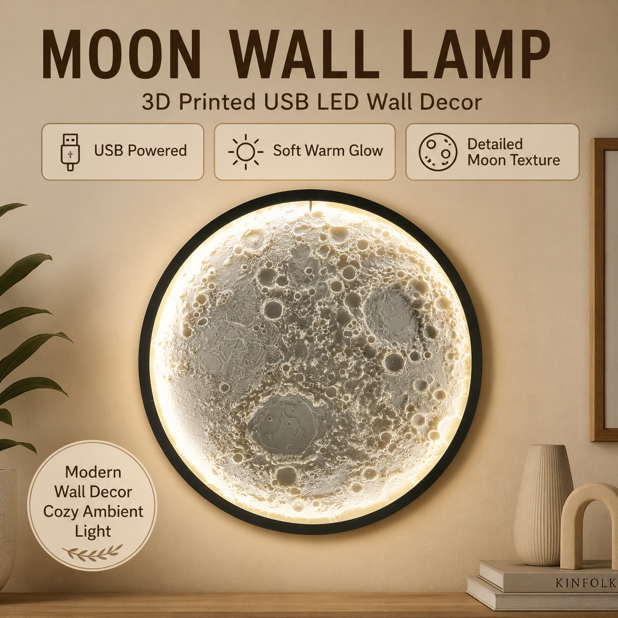 3D Printed Moon Wall Lamp with USB LED Light – Illuminated Lunar Wall Decor gallery