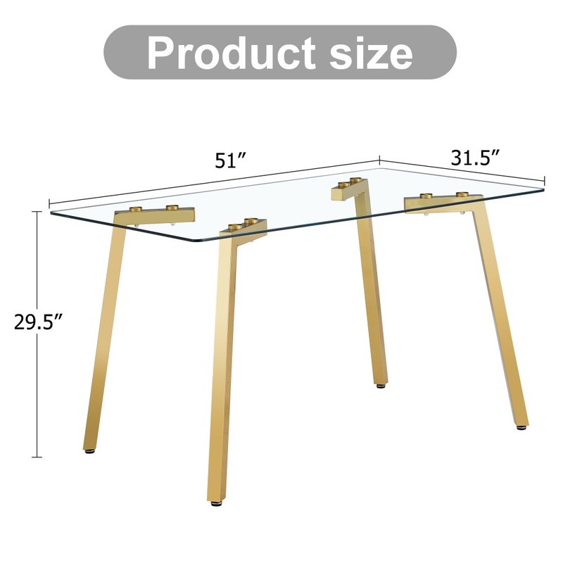 Modern Rectangular Glass Dining Table with Golden Legs 51x31.5x29.5in gallery