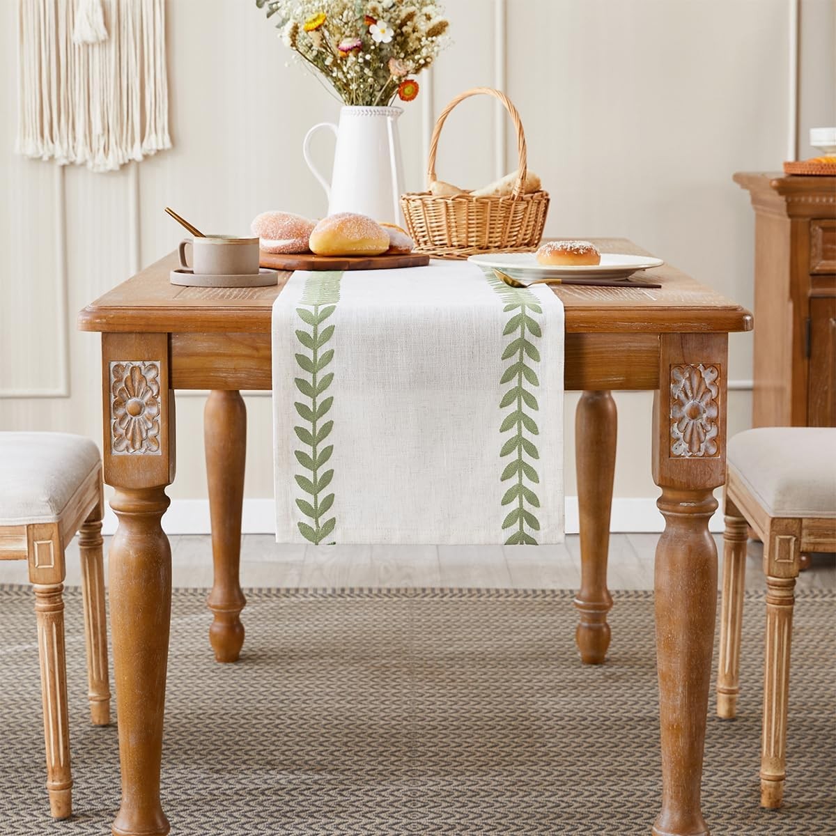 Wracra Embroidered Table Runner 14×48 Inch, Light Sage Green/Cream gallery