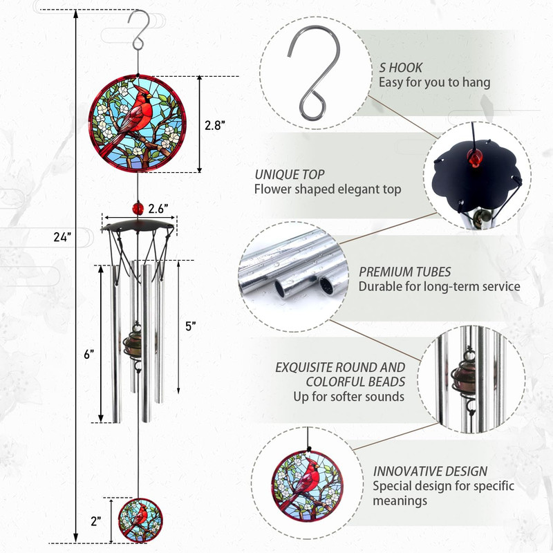 Wind Chimes for Outside 24" Cardinal Wind Chimes Outdoor Home Patio Garden Decor gallery