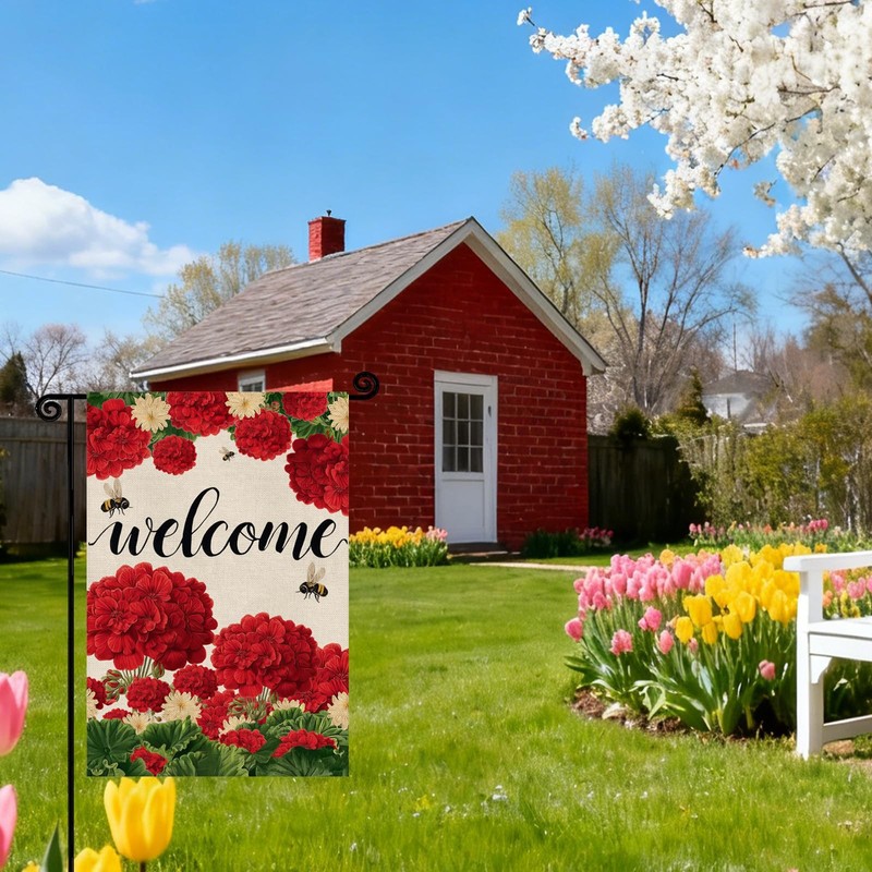 Spring Summer Geranium Welcome Garden Flag 12x18 Inch Red Outdoor Yard Decor gallery