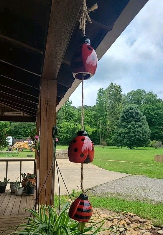 Ceramic Ladybug Wind Chime Red & Black Polka Dots & Stripes Jute String gallery