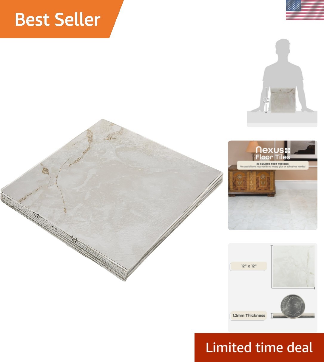 Luxury 12-Inch Marble Look Vinyl Tiles - Classic White with Grey Veins, 20 Pack gallery