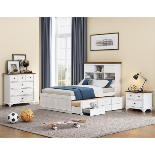 Solid Wood Bedroom Sets Captain Bed with Trundle & 3 Drawers Bookcase Headboard gallery