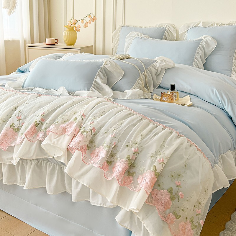 4pcs/lot Bedding Set Lace Cotton Embroidery Flowers Duvet Cover Flat Sheet Set gallery