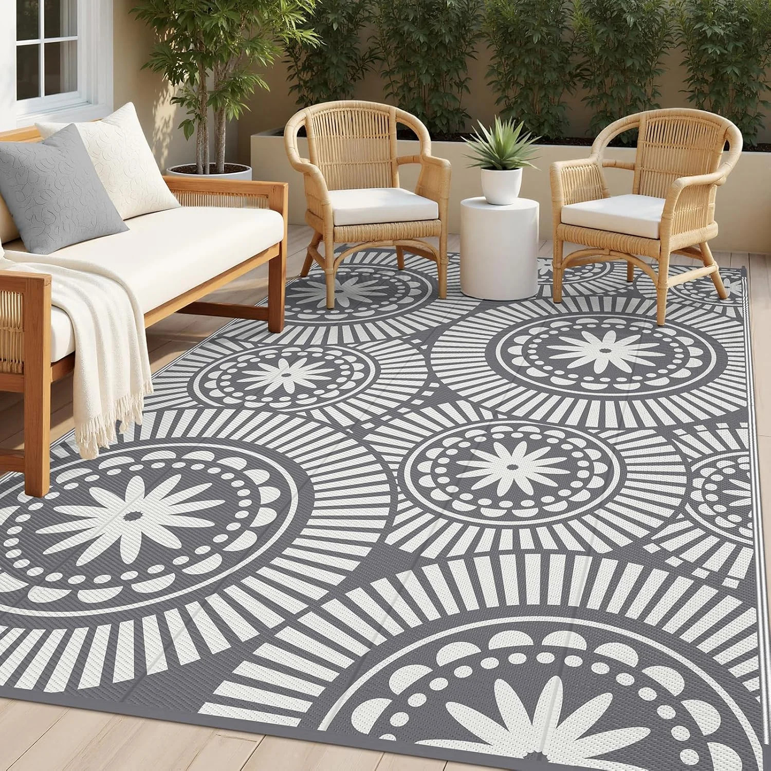 Outdoor Patio Rug Waterproof, Reversible Plastic Straw Mat, Grey Geometric 6×9FT gallery