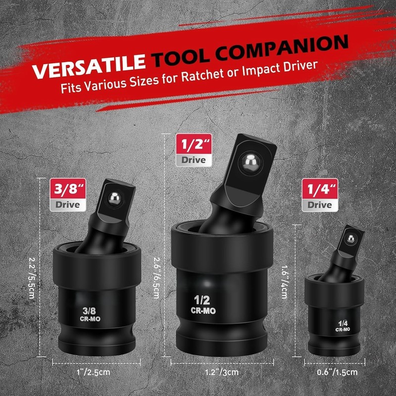 3 PC Pneumatic Impact Universal Joint Socket Set Swivel Ball 1/2" 3/8" 1/4" gallery