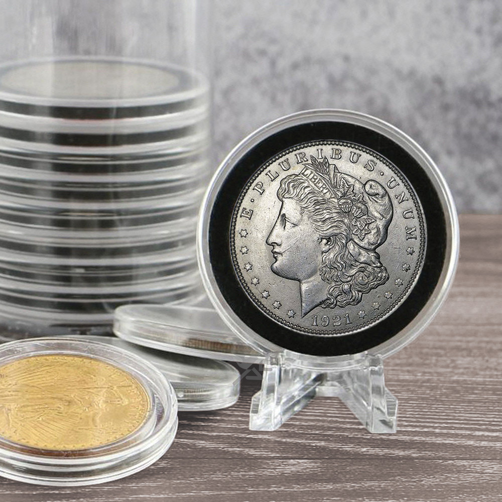 Coin Capsule Display Stand Deluxe Easels with 1/4" Shelf, Clear 100 Pack gallery