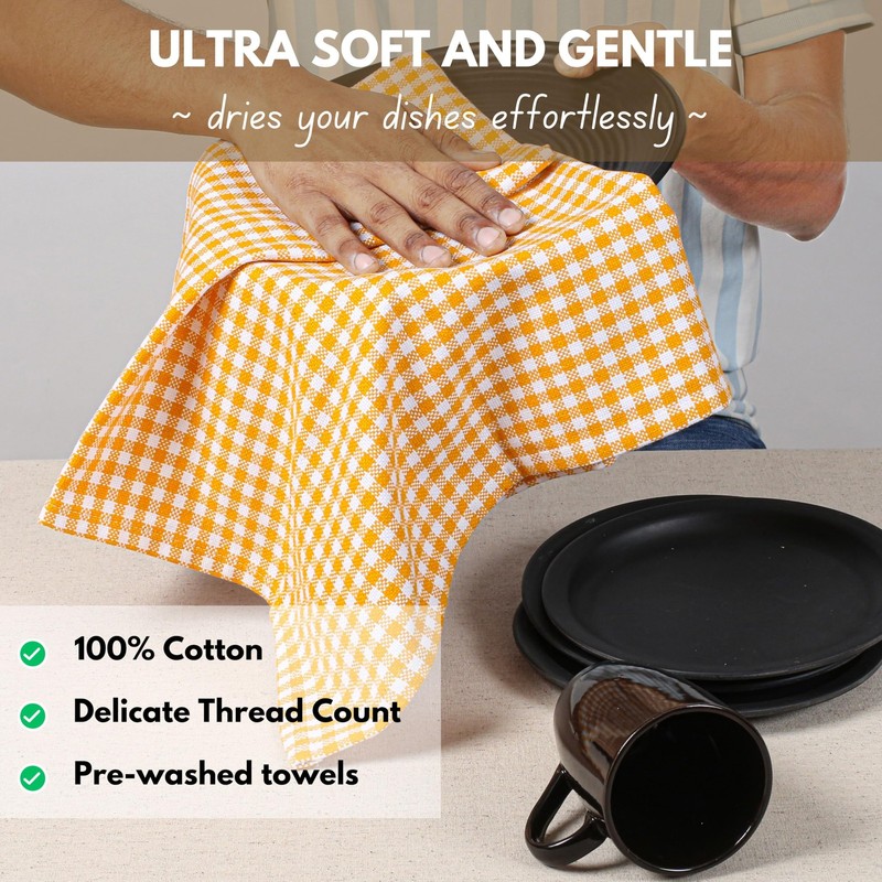 Native Fab 4 Pack Yellow Gingham Cotton Dish Towels 16"x26" Absorbent Kitche... gallery