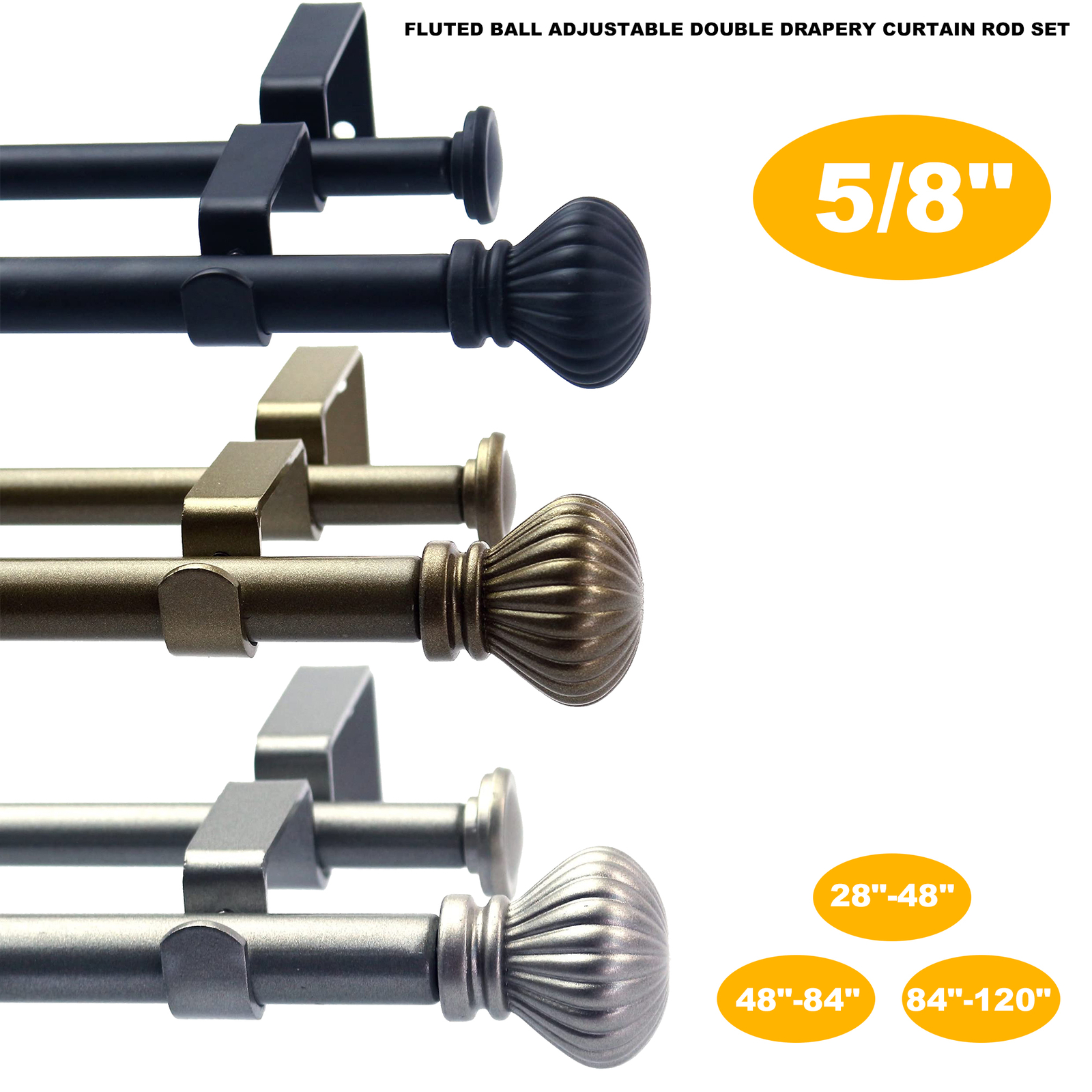 Fluted Ball Adjustable Double Drapery Curtain Rod Set 28"-48"/48"-84"/84"-120" gallery