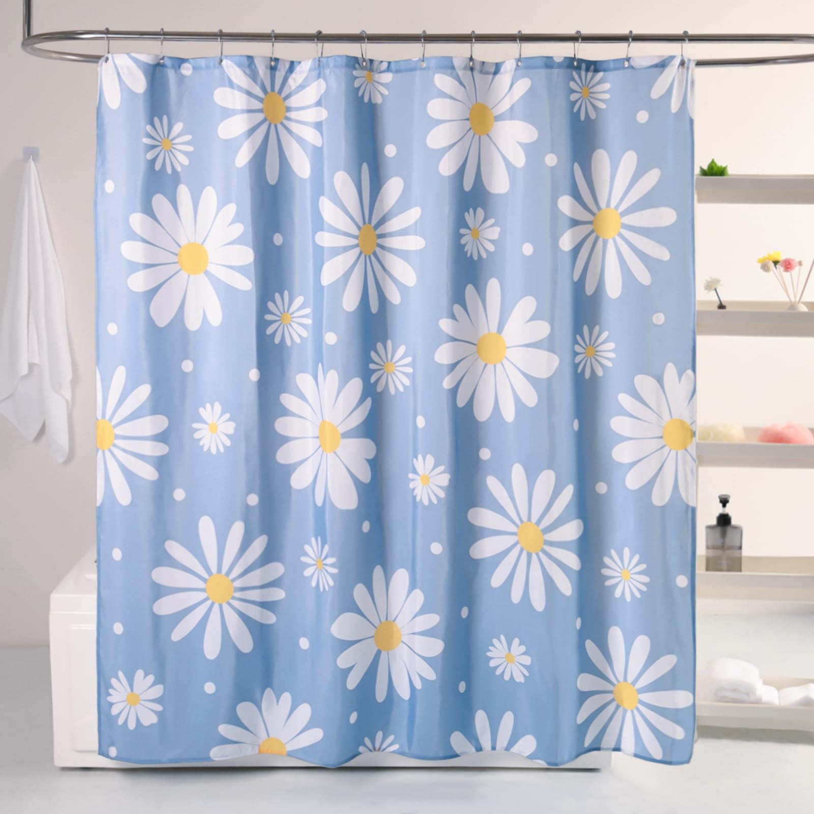 Blue Floral Shower Curtain Set Cute Daisy Bathroom Curtain, Washable Waterproof gallery