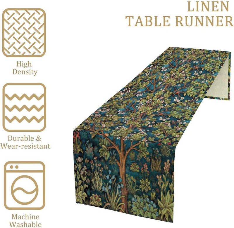 William Morris Floral Table Runner, Vintage Green Botanical Printed Table Runne gallery