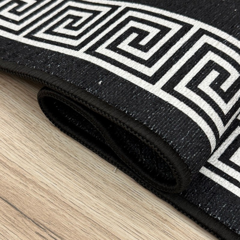 Non Slip Meander Bordered Black Design Low Pile Rug Runner with Wide Options gallery
