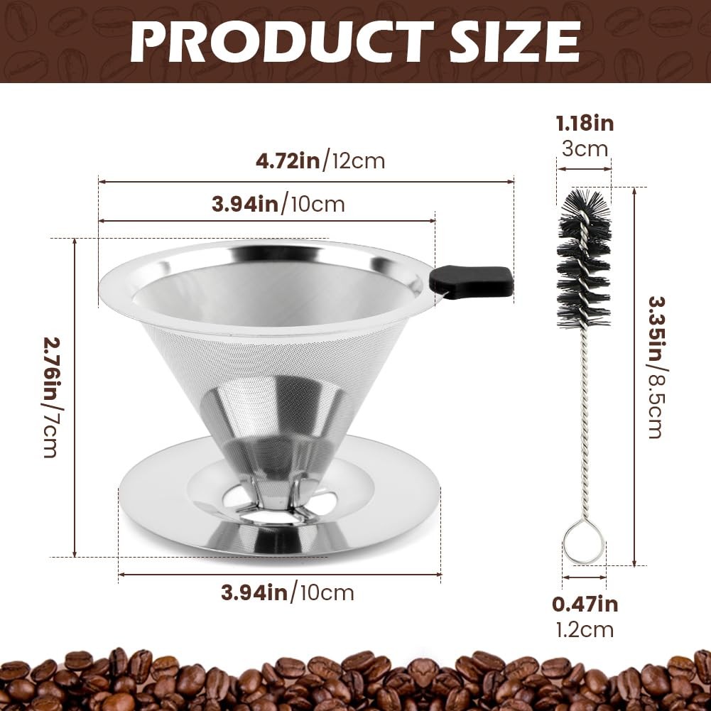 Pour Over Coffee Dripper Reusable Stainless Steel Double Mesh Filter With Brush gallery