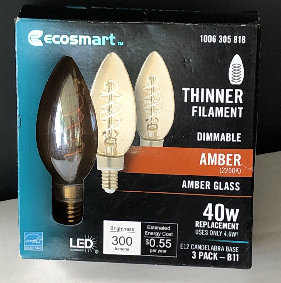 EcoSmart Amber LED Candle Light Bulbs B11 4.6W 2200K Dimmable 3 Pack E12 base gallery