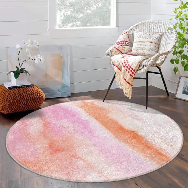 Round Rug -Bright Peach Pink Colors Circle Carpet-Boho Style Accent Rug-Color of gallery