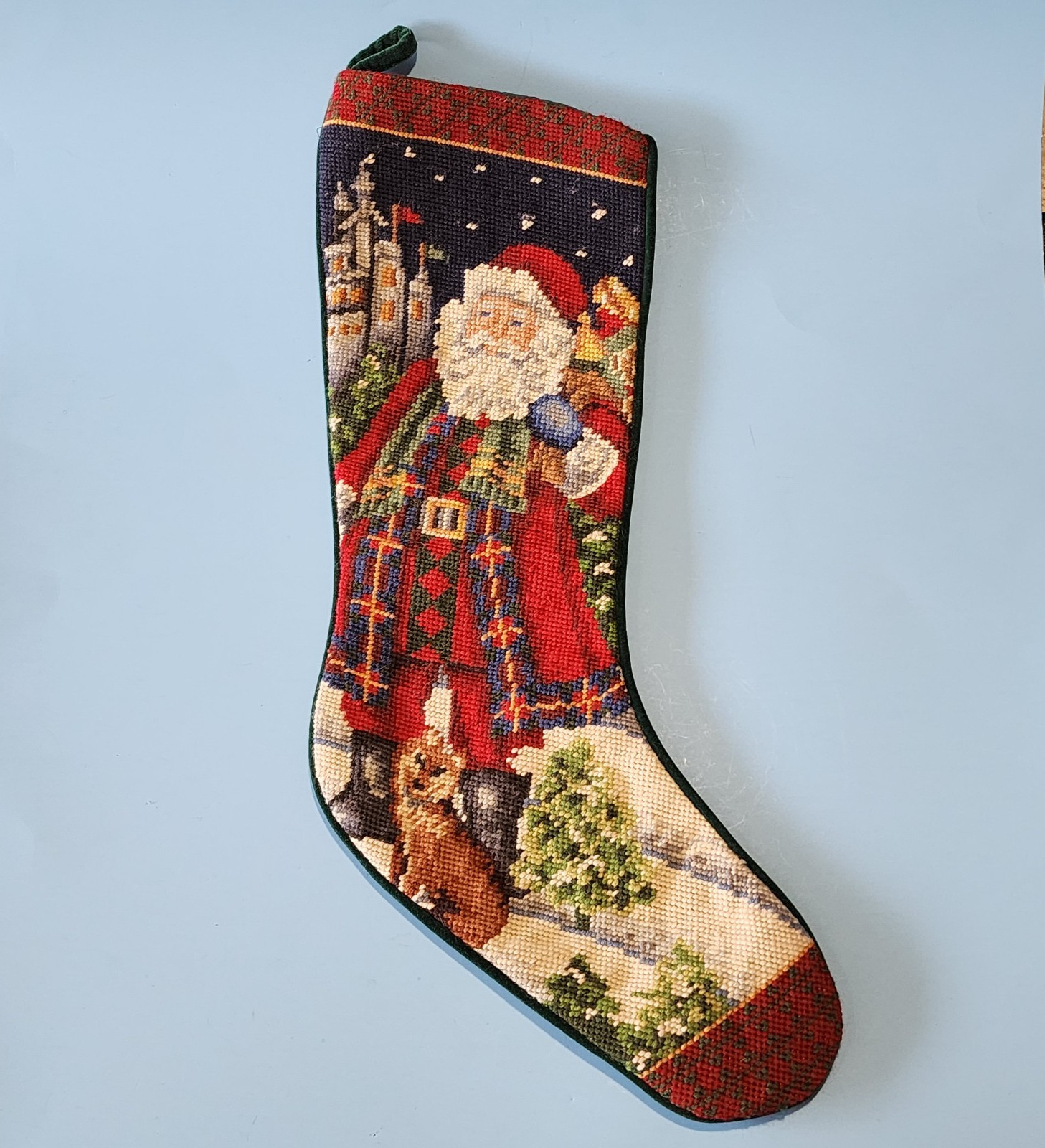 VTG Needlepoint Christmas Stocking Santa w/Plaid Trim, Dog, Toys, Castle gallery