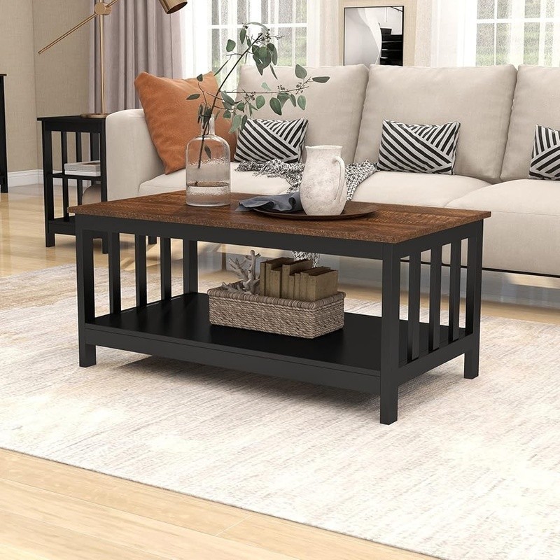 Mission Style Coffee Table Durable Hardwood Slatted Storage Easy Assembly New gallery