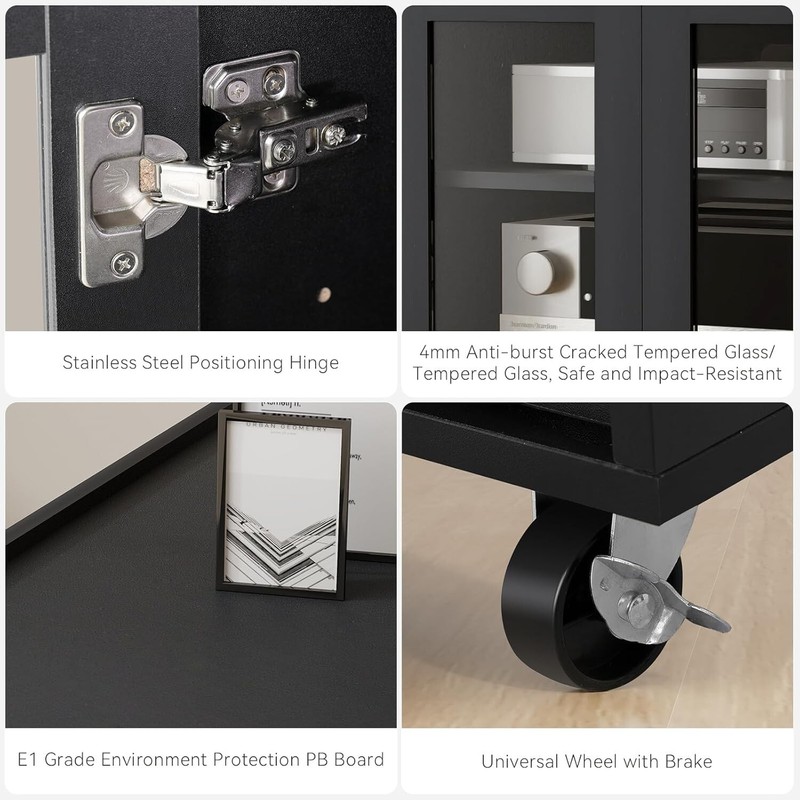 Multi-Purpose AV Storage Cabinet w/ 4 Shelves Glass Doors Brake Universal Wheels gallery