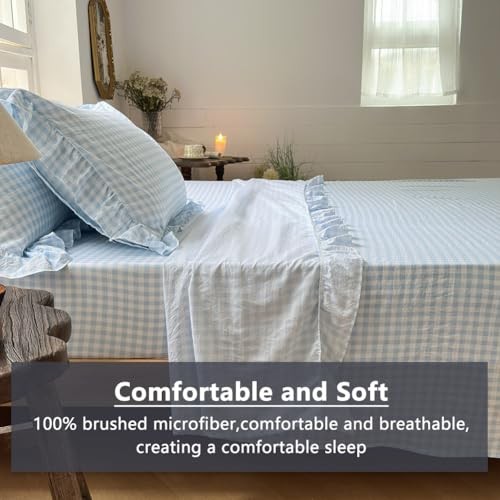 Ruffle Sheet Set, Blue Soft Pre-Washed Microfiber Full Light Blue Gingham gallery