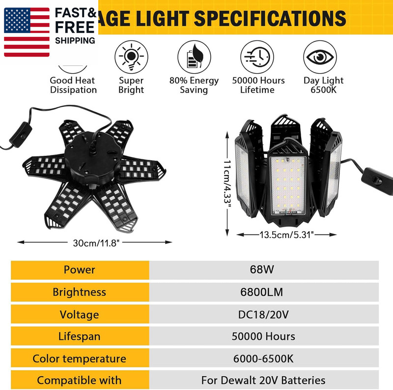 LED Work Light Compatible with Dewalt 20V Battery, 68W 6800LM LED Garage Flo gallery