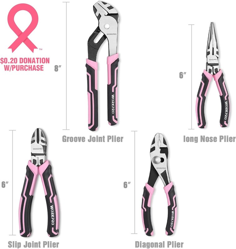 WORKPRO 4-Pieces Pliers Set Premium CR-V Construction Plier Tool Pink Ribbon/Red gallery